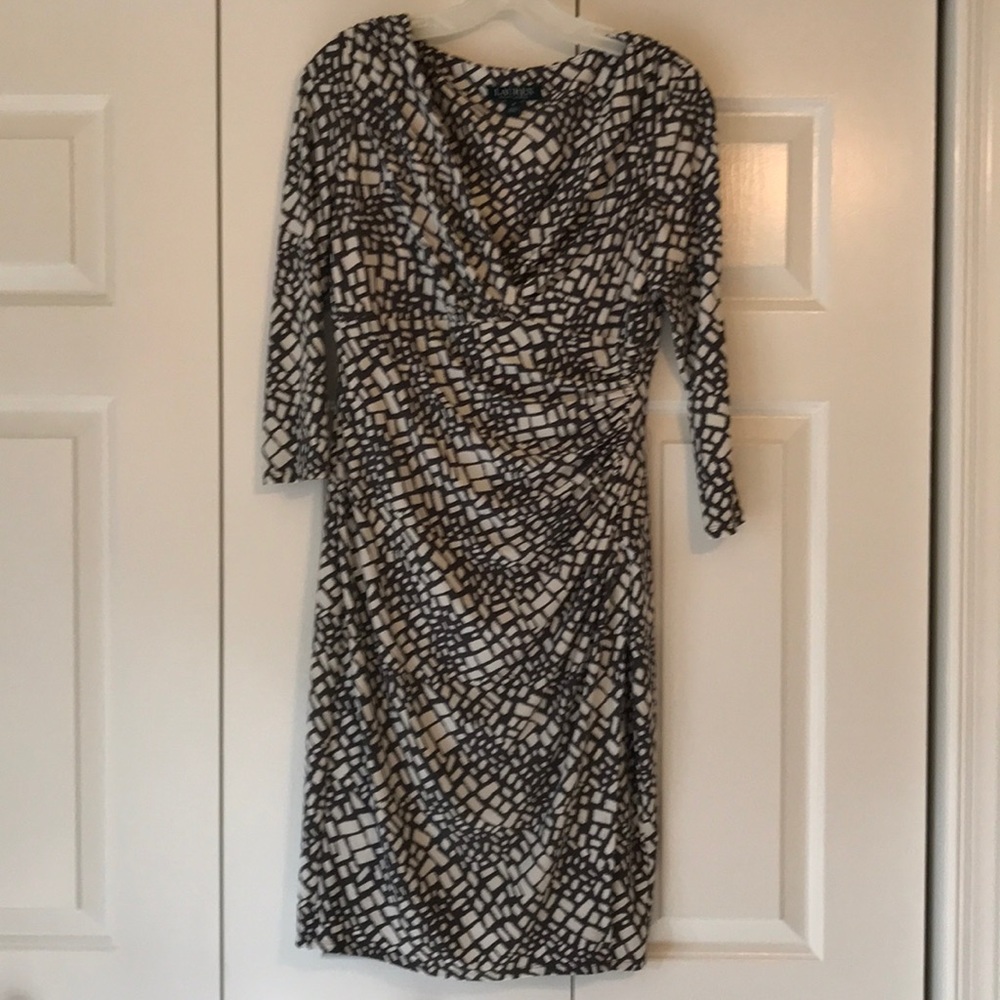 Women’s Lauren Ralph Lauren faux wrap dress with 3/4 sleeves.
